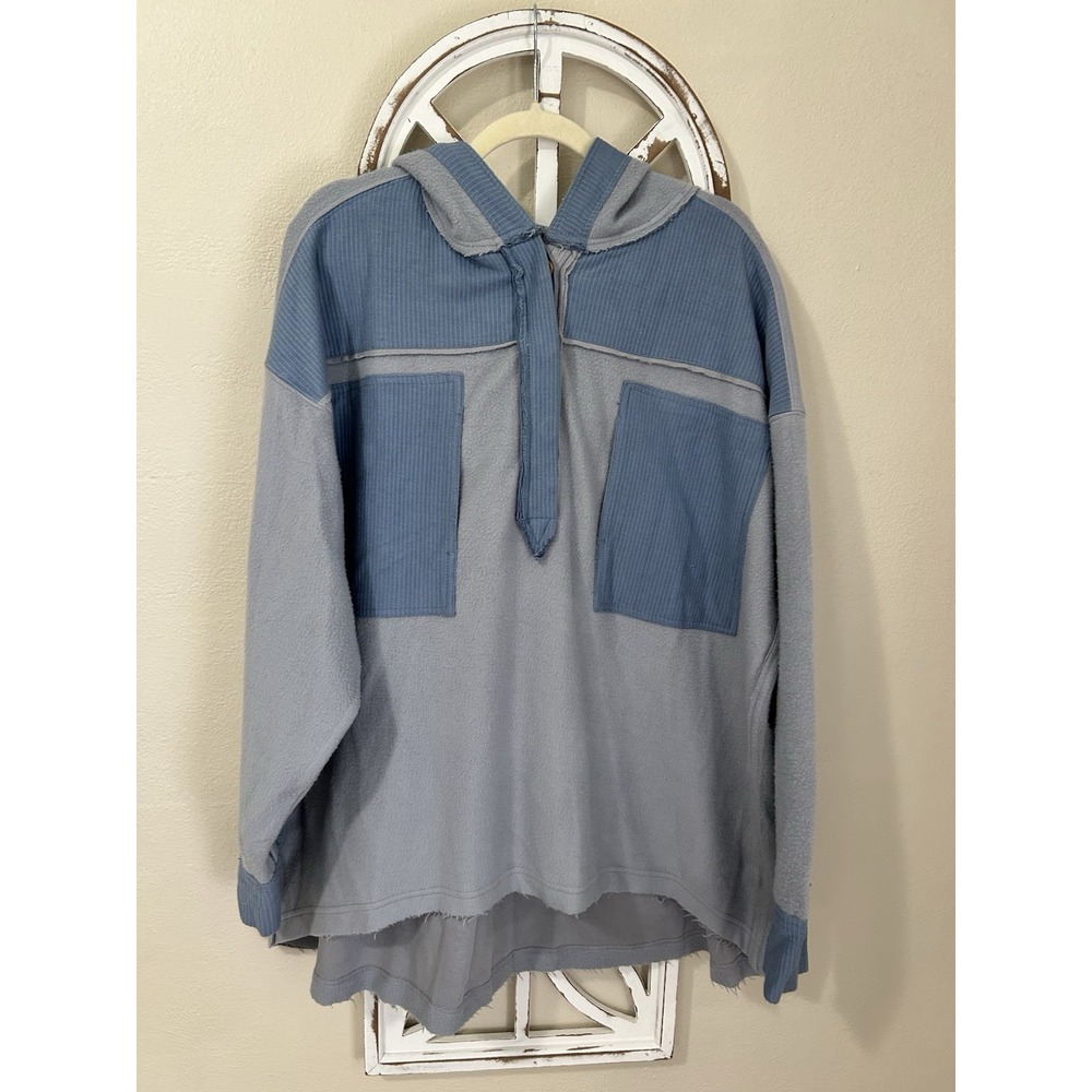 Free People Corie Hoodie Sweatshirt SMALL Blue Oversized Button Neck Fleece